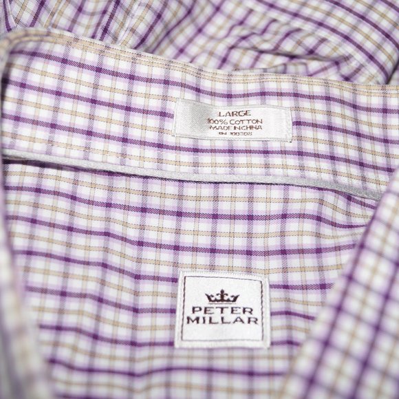 Peter Millar Checked Golf Dress Shirt Casual Men's Large Purple White Cotton EUC - Picture 6 of 7